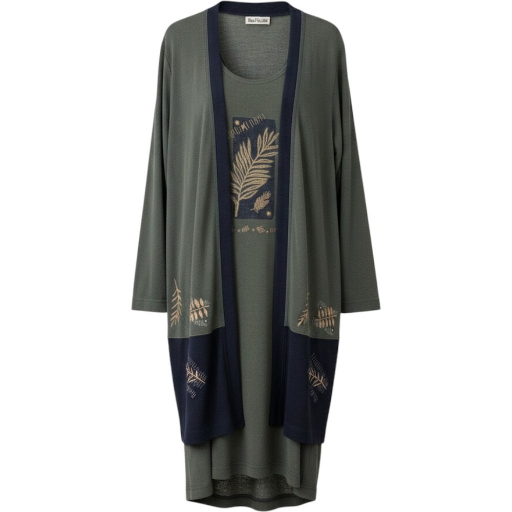 Nina Piccalino Cardigan Dress Set Womens L Green Navy Leaf Print Knit 2pc
